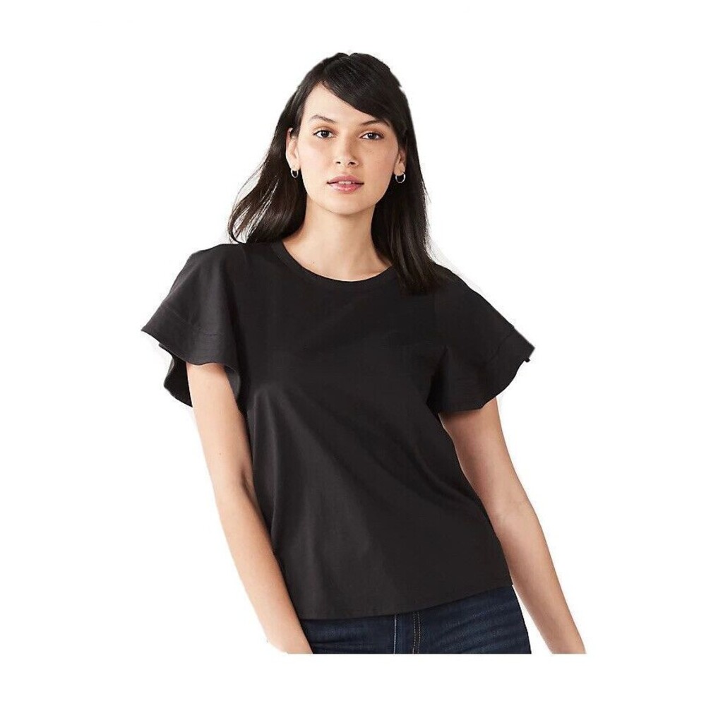 Nine West Black Crew Neck T-Shirt Flutter Short Sleeve Women’s Size Large NWT’s